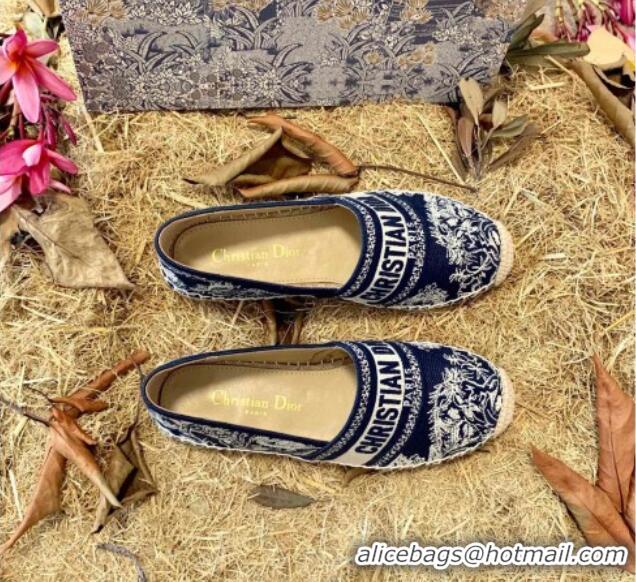 Good Looking Dior Granville Flat Espadrilles in Deep Blue Toile de Jouy Reverse Embroidered Cotton 070914