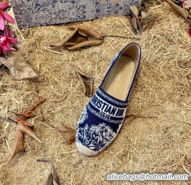 Good Looking Dior Granville Flat Espadrilles in Deep Blue Toile de Jouy Reverse Embroidered Cotton 070914