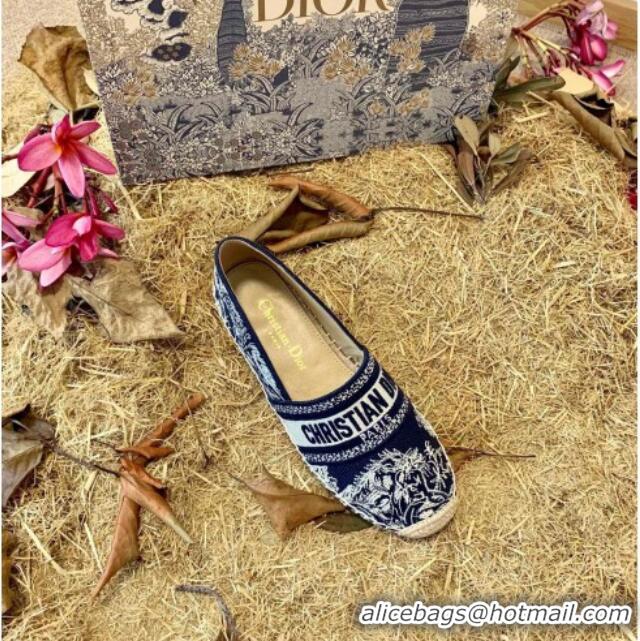 Good Looking Dior Granville Flat Espadrilles in Deep Blue Toile de Jouy Reverse Embroidered Cotton 070914