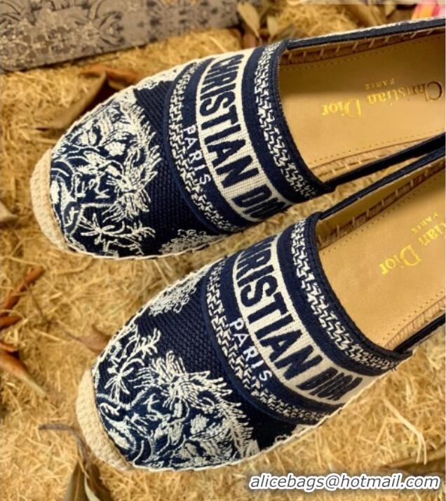 Good Looking Dior Granville Flat Espadrilles in Deep Blue Toile de Jouy Reverse Embroidered Cotton 070914