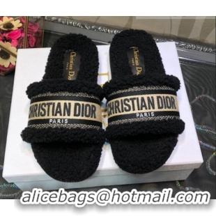 Best Product Dior Dway Flat Slide Sandals in Black Embroidered Cotton and Shearling 081024