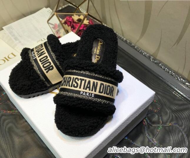 Best Product Dior Dway Flat Slide Sandals in Black Embroidered Cotton and Shearling 081024