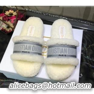 Good Looking Dior Dway Flat Slide Sandals in Grey Embroidered Cotton and Shearling 081025