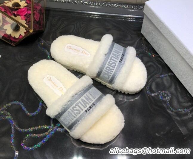 Good Looking Dior Dway Flat Slide Sandals in Grey Embroidered Cotton and Shearling 081025