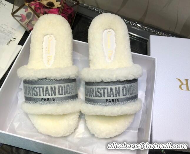 Good Looking Dior Dway Flat Slide Sandals in Grey Embroidered Cotton and Shearling 081025