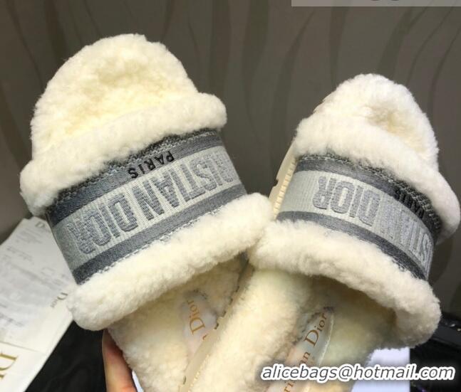 Good Looking Dior Dway Flat Slide Sandals in Grey Embroidered Cotton and Shearling 081025