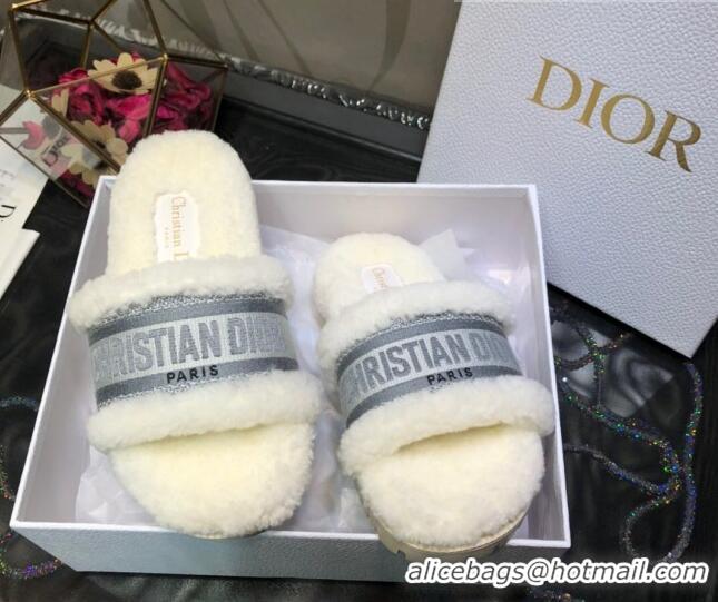 Good Looking Dior Dway Flat Slide Sandals in Grey Embroidered Cotton and Shearling 081025