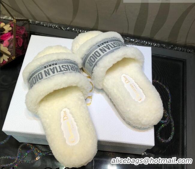 Good Looking Dior Dway Flat Slide Sandals in Grey Embroidered Cotton and Shearling 081025