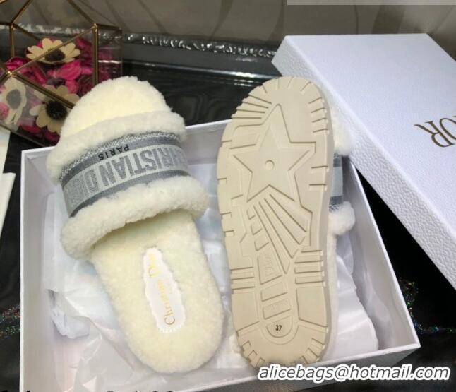 Good Looking Dior Dway Flat Slide Sandals in Grey Embroidered Cotton and Shearling 081025