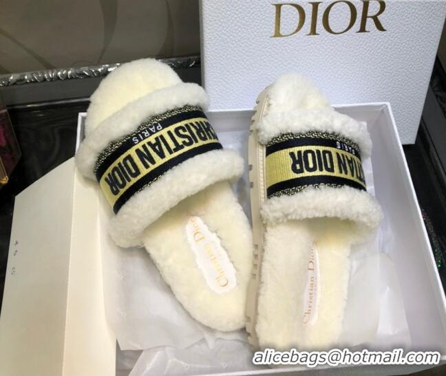 Classic Hot Dior Dway Flat Slide Sandals in Yellow Embroidered Cotton and Shearling 081026