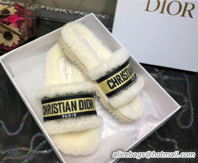 Classic Hot Dior Dway Flat Slide Sandals in Yellow Embroidered Cotton and Shearling 081026