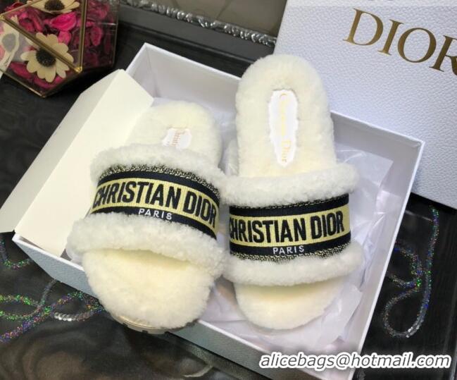 Classic Hot Dior Dway Flat Slide Sandals in Yellow Embroidered Cotton and Shearling 081026