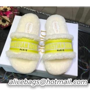 Good Quality Dior Dway Flat Slide Sandals in Yellow Embroidered Cotton and Shearling 081027