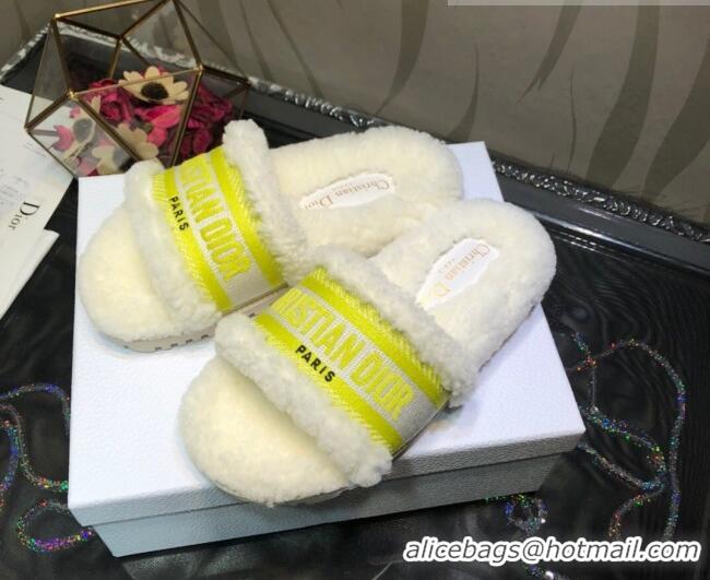 Good Quality Dior Dway Flat Slide Sandals in Yellow Embroidered Cotton and Shearling 081027