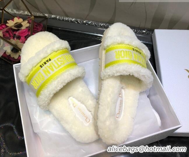 Good Quality Dior Dway Flat Slide Sandals in Yellow Embroidered Cotton and Shearling 081027