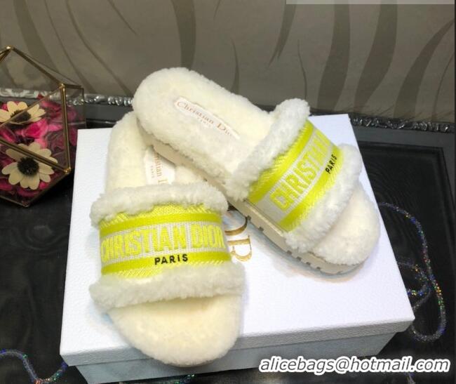 Good Quality Dior Dway Flat Slide Sandals in Yellow Embroidered Cotton and Shearling 081027