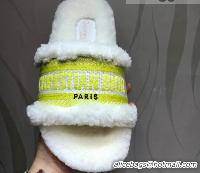 Good Quality Dior Dway Flat Slide Sandals in Yellow Embroidered Cotton and Shearling 081027