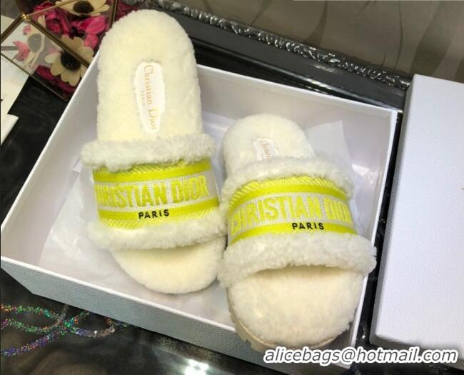 Good Quality Dior Dway Flat Slide Sandals in Yellow Embroidered Cotton and Shearling 081027