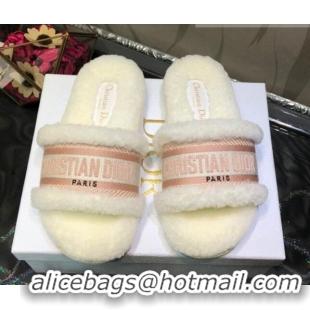 Top Design Dior Dway Flat Slide Sandals in Pink Embroidered Cotton and Shearling 081028