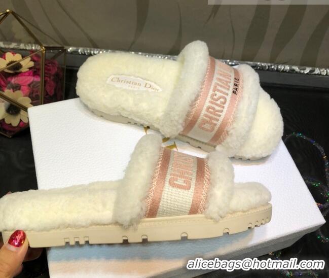 Top Design Dior Dway Flat Slide Sandals in Pink Embroidered Cotton and Shearling 081028