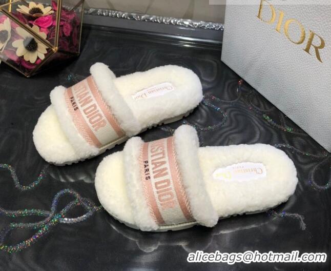 Top Design Dior Dway Flat Slide Sandals in Pink Embroidered Cotton and Shearling 081028