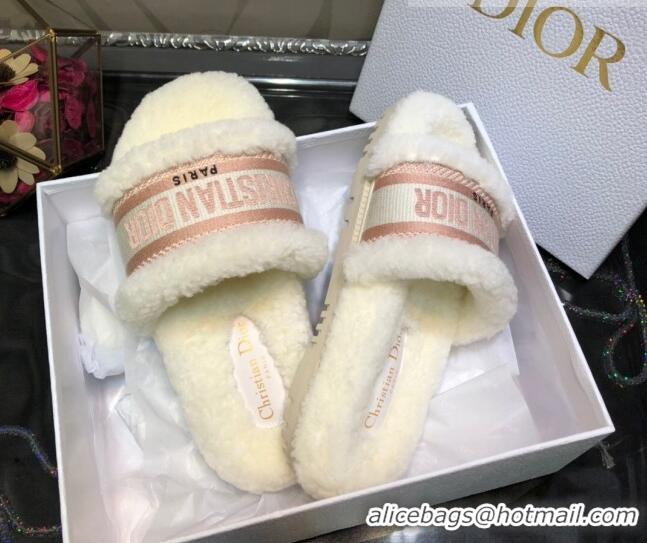 Top Design Dior Dway Flat Slide Sandals in Pink Embroidered Cotton and Shearling 081028