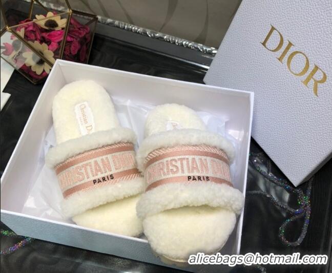 Top Design Dior Dway Flat Slide Sandals in Pink Embroidered Cotton and Shearling 081028