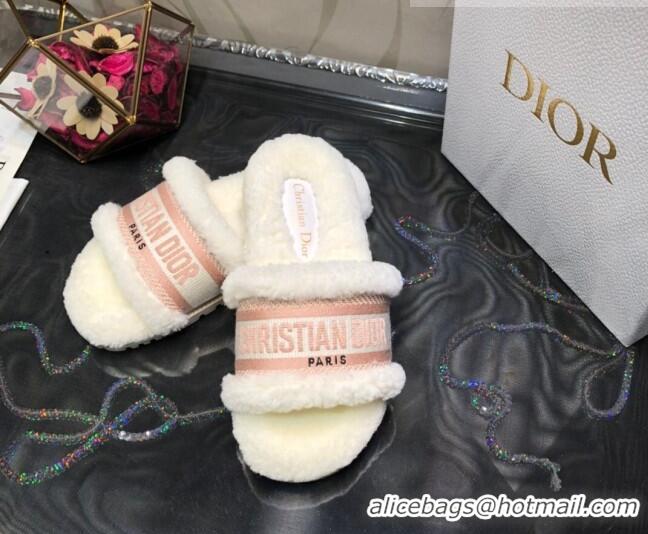 Top Design Dior Dway Flat Slide Sandals in Pink Embroidered Cotton and Shearling 081028