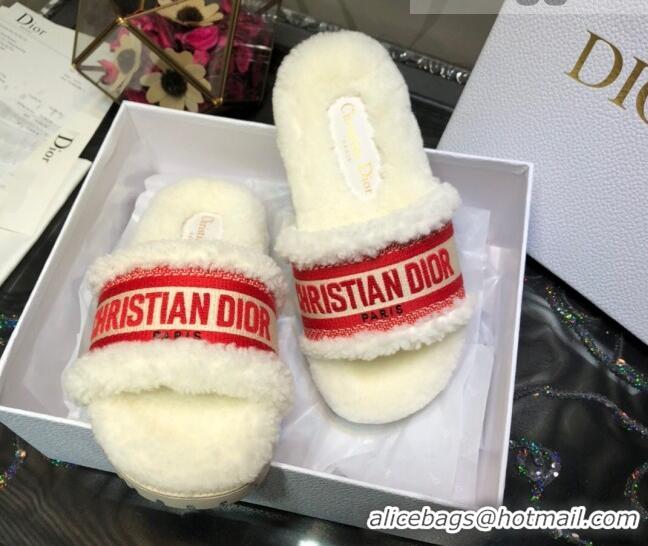 Super Quality Dior Dway Flat Slide Sandals in Red Embroidered Cotton and Shearling 081028