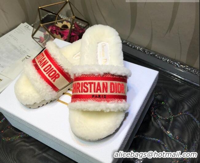 Super Quality Dior Dway Flat Slide Sandals in Red Embroidered Cotton and Shearling 081028