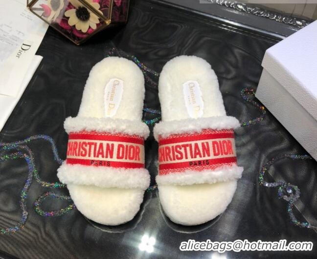 Super Quality Dior Dway Flat Slide Sandals in Red Embroidered Cotton and Shearling 081028