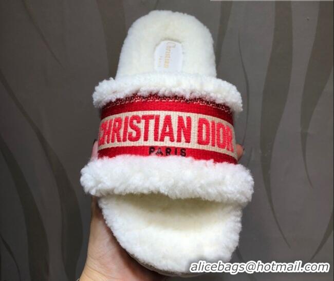 Super Quality Dior Dway Flat Slide Sandals in Red Embroidered Cotton and Shearling 081028