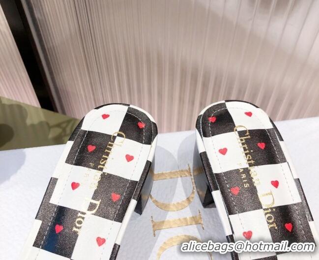 Cute Dior Dway Heeled Slide Sandals in D-Chess Heart Embroidered Cotton White/Black/Red 081442