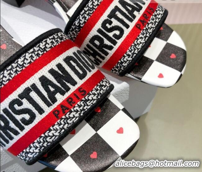 Cute Dior Dway Heeled Slide Sandals in D-Chess Heart Embroidered Cotton White/Black/Red 081442