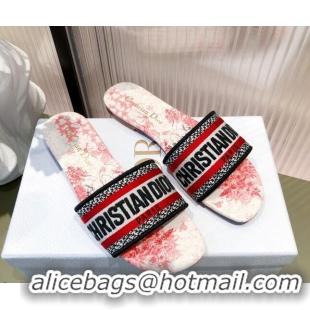 Top Quality Dior Dway Flat Slide Sandals in D-Royaume d'Amour Embroidered Cotton White/Red 081443