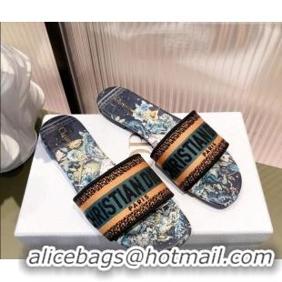 Best Price Dior Dway Flat Slide Sandals in Zodiac Embroidered Cotton Multicolor/Blue 081445