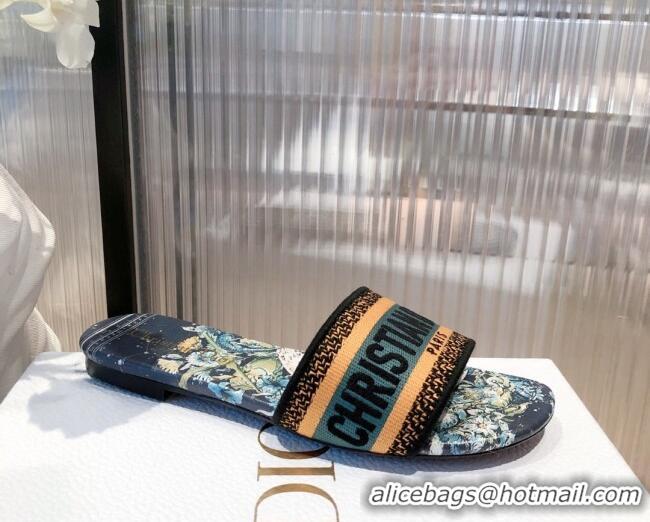 Best Price Dior Dway Flat Slide Sandals in Zodiac Embroidered Cotton Multicolor/Blue 081445