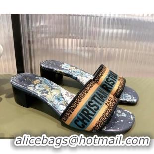 Luxurious Dior Dway Heeled Slide Sandals in Zodiac Embroidered Cotton Multicolor/Blue 081446