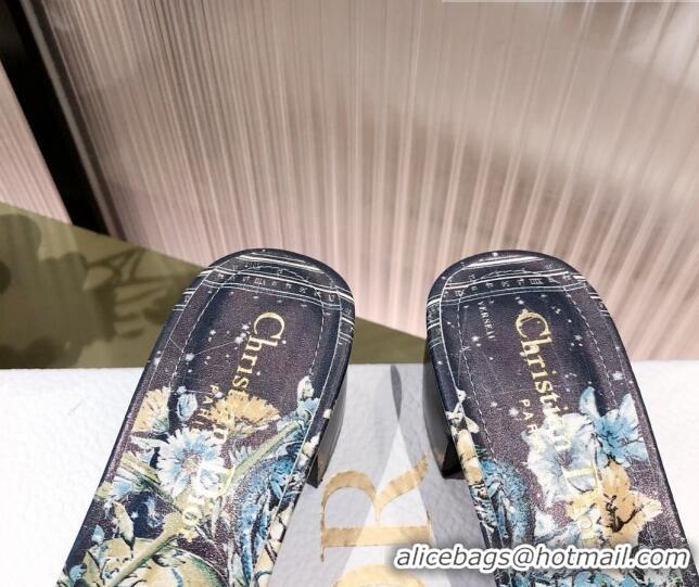 Luxurious Dior Dway Heeled Slide Sandals in Zodiac Embroidered Cotton Multicolor/Blue 081446