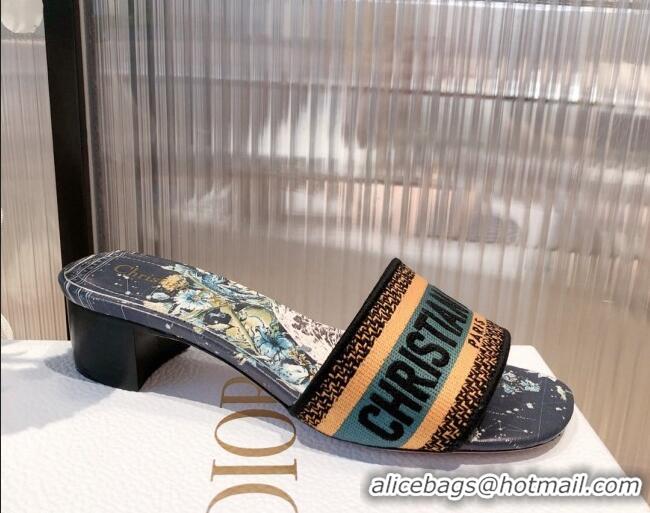 Luxurious Dior Dway Heeled Slide Sandals in Zodiac Embroidered Cotton Multicolor/Blue 081446