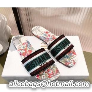 Top Design Dior Dway Flat Slide Sandals in Zodiac Embroidered Cotton Multicolor/Pink 081449