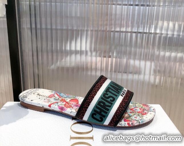 Top Design Dior Dway Flat Slide Sandals in Zodiac Embroidered Cotton Multicolor/Pink 081449