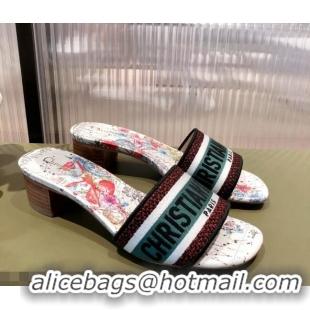 Cheap Price Dior Dway Heeled Slide Sandals in Zodiac Embroidered Cotton Multicolor/Pink 081450