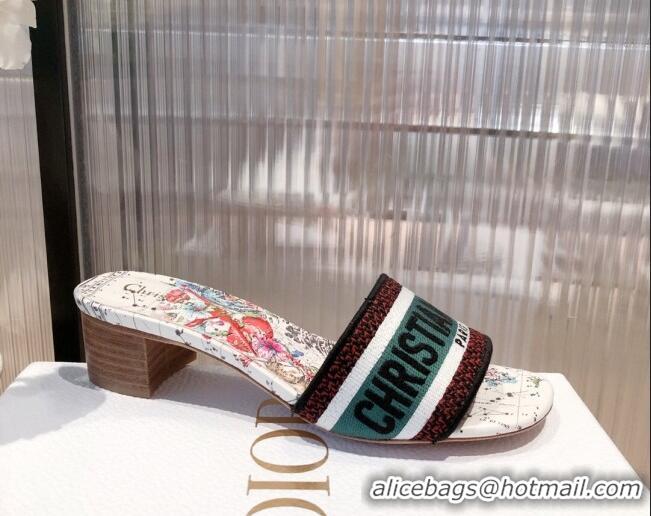 Cheap Price Dior Dway Heeled Slide Sandals in Zodiac Embroidered Cotton Multicolor/Pink 081450