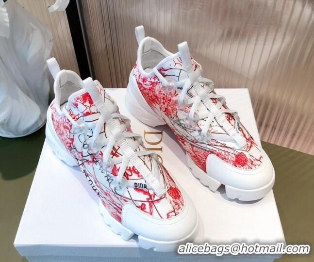 Pretty Style Dior D-Connect Dioramour Sneakers in D-Royaume d'Amour Printed Technical Fabric White/Red 081618