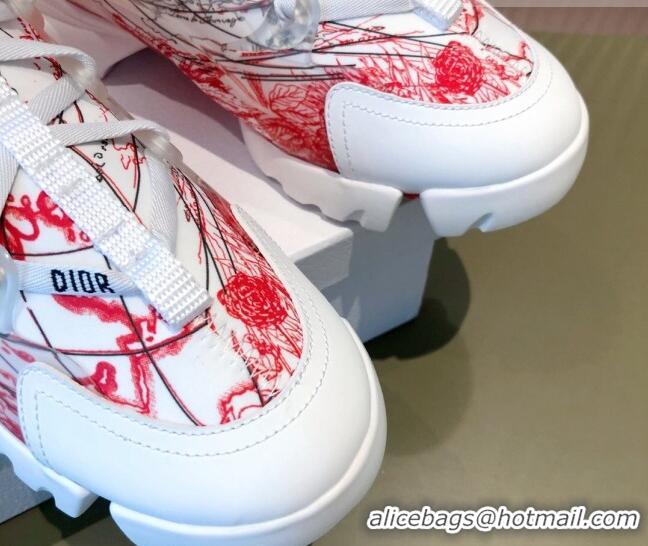 Pretty Style Dior D-Connect Dioramour Sneakers in D-Royaume d'Amour Printed Technical Fabric White/Red 081618