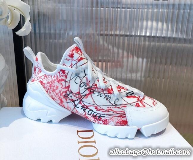 Pretty Style Dior D-Connect Dioramour Sneakers in D-Royaume d'Amour Printed Technical Fabric White/Red 081618