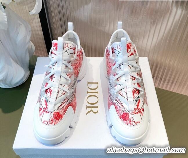 Pretty Style Dior D-Connect Dioramour Sneakers in D-Royaume d'Amour Printed Technical Fabric White/Red 081618