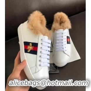 Top Quality Gucci Ace Leather Low-Top Sneakers With Fur G429446 White