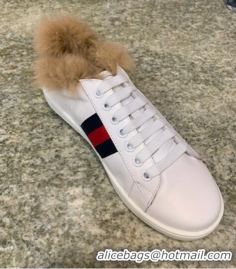 Top Quality Gucci Ace Leather Low-Top Sneakers With Fur G429446 White